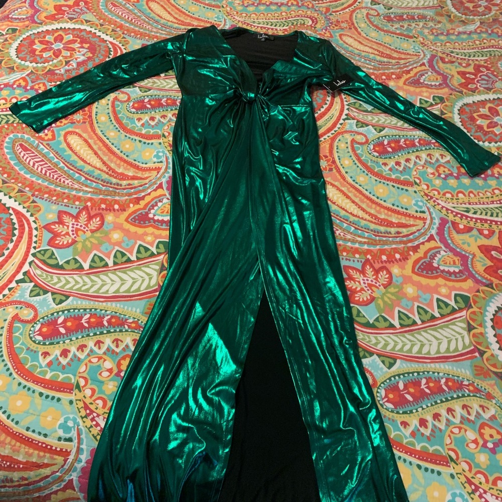 Lulu’s green long sleeve shiny split dress.